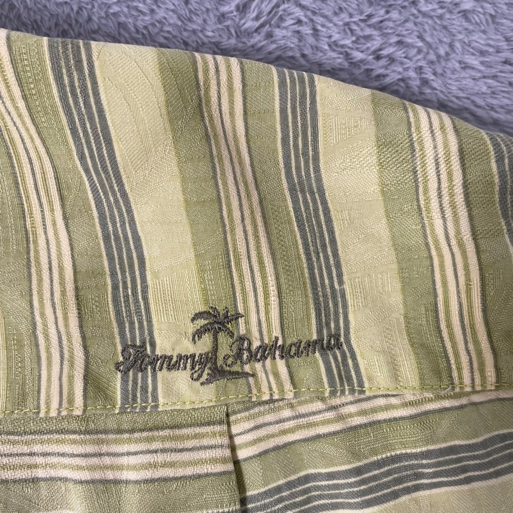 Tommy Bahama 100% Silk Button Up Shirt Mens XL Green Relax Striped Leaf Print - Picture 3 of 10